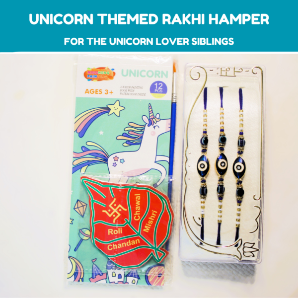 unicorn coloring pad; evil's eye rakhi; rakhi hamper