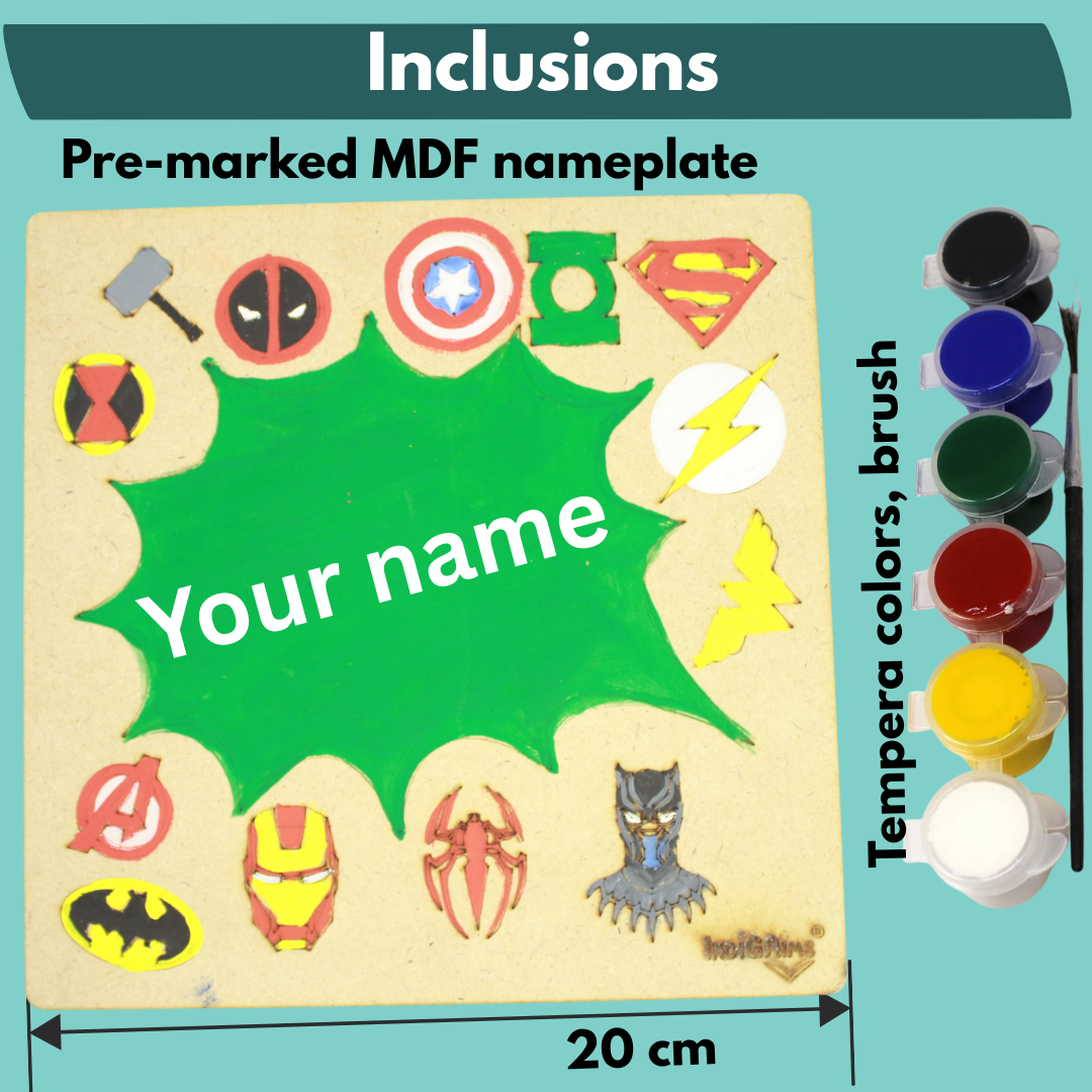 8 inch square pre-engraved superhero themed nameplate