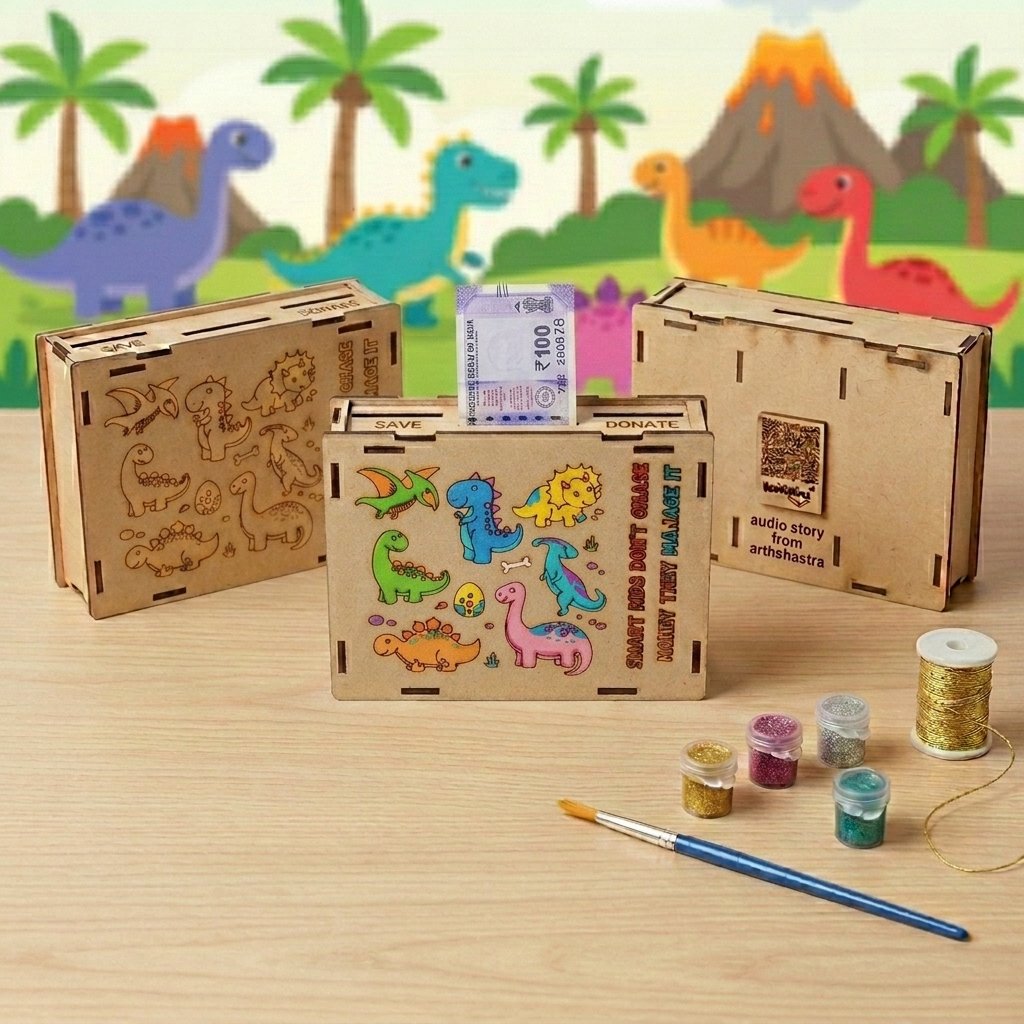 Dino themed three compartment gullak